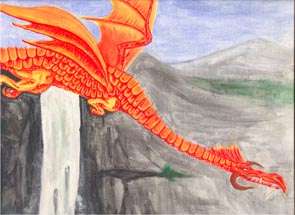 Painting of a Red Dragon swooping down near a waterfall.