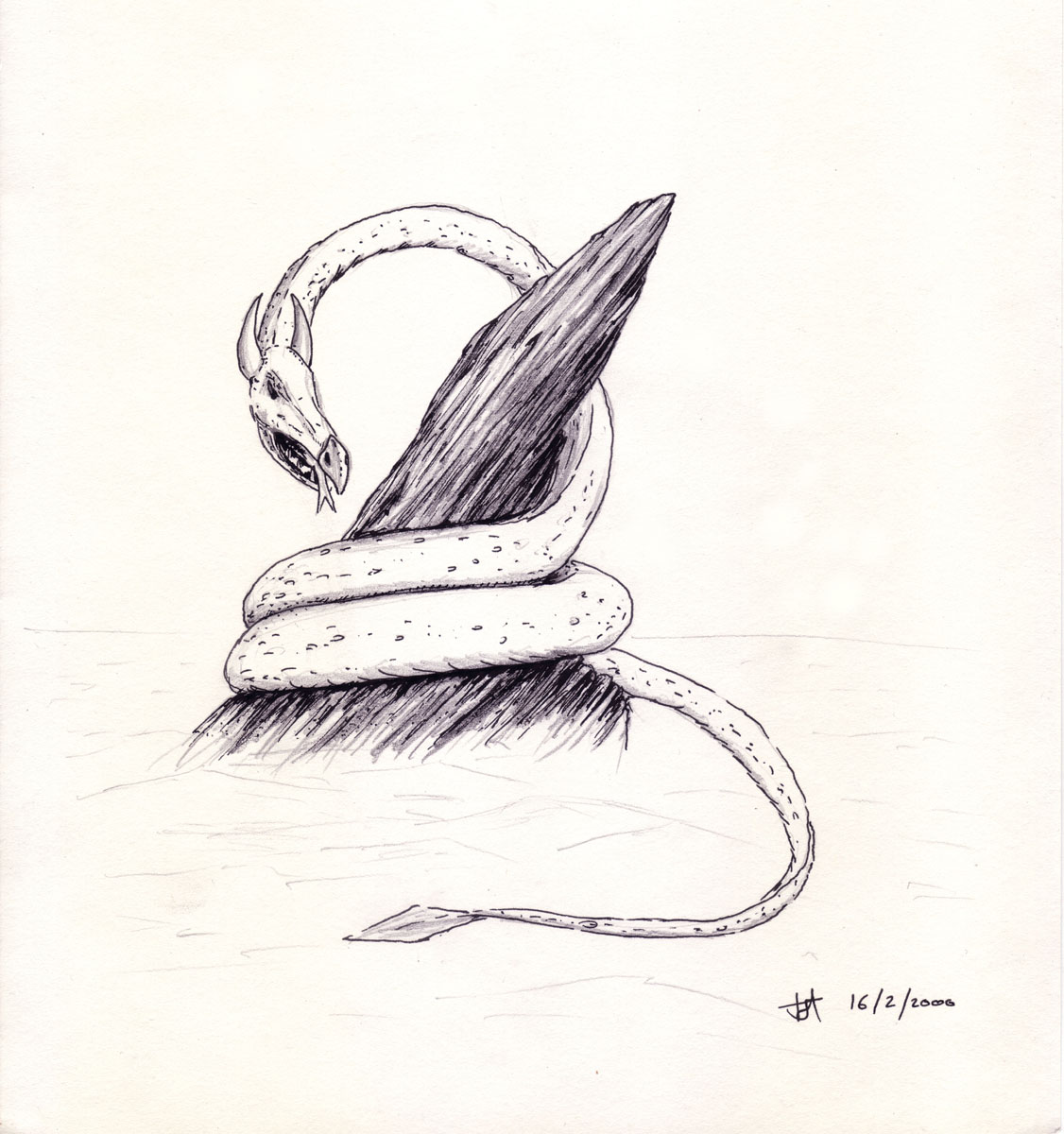 Drawing of a sea serpent wrapped around a rock