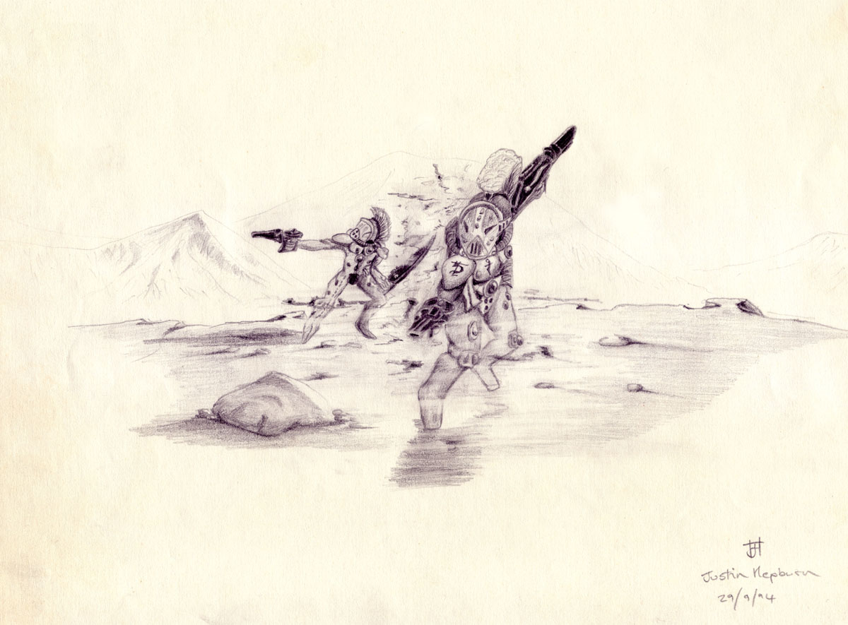 Drawing of Eldar Harlequins emerging from a Warp Gate