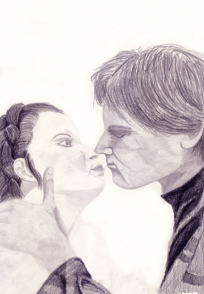 Drawing of Han Solo and Princess Leia kissing from Star Wars the Empire Strikes Back