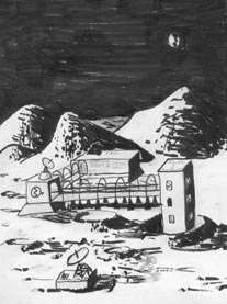 Pencil and Ink drawing of a moon base