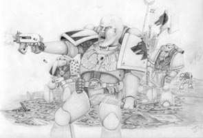 Drawing of Space Wolf Marines in battle
