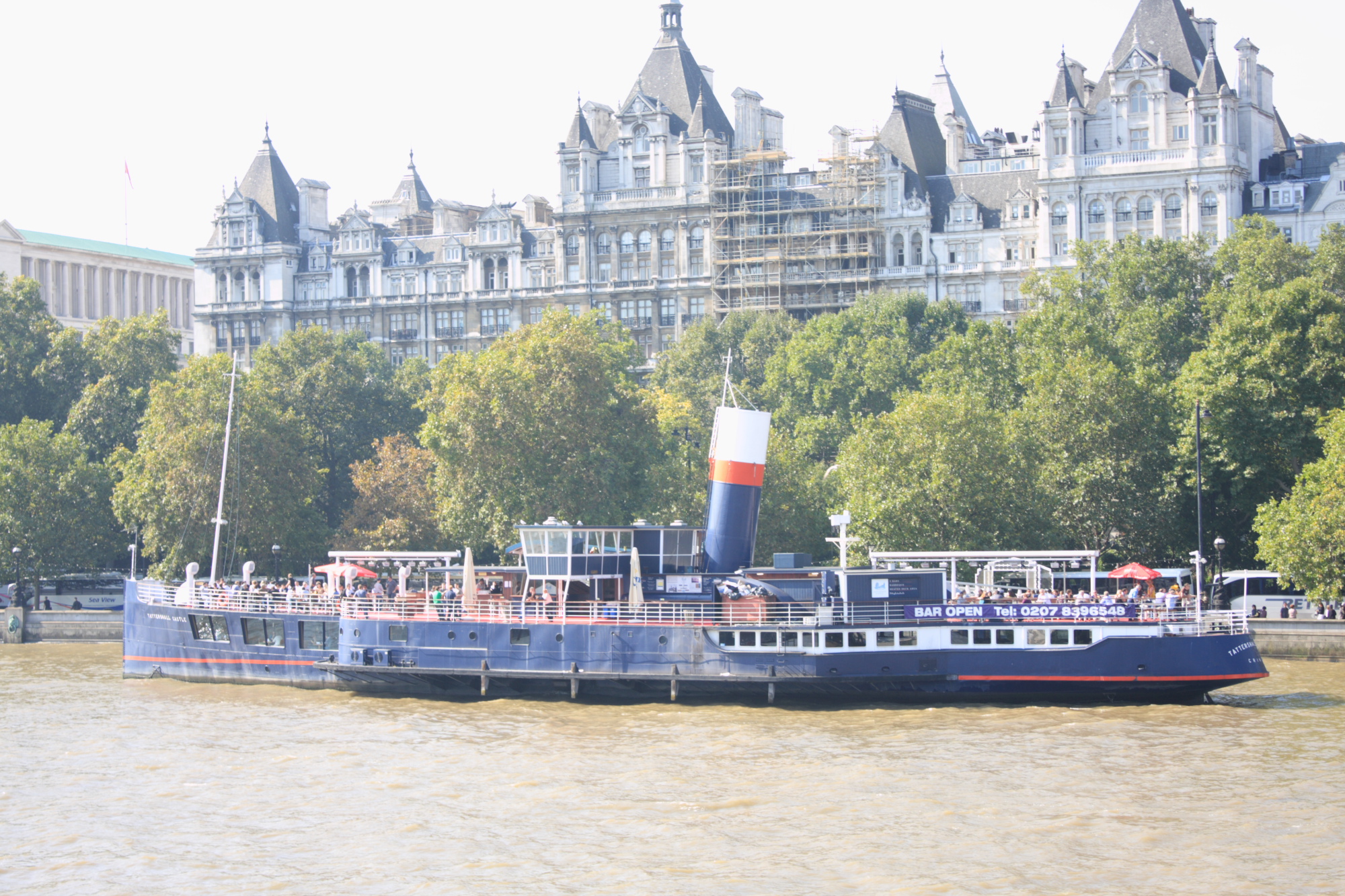 Ship on the Thames moored next to Victoria Embankment