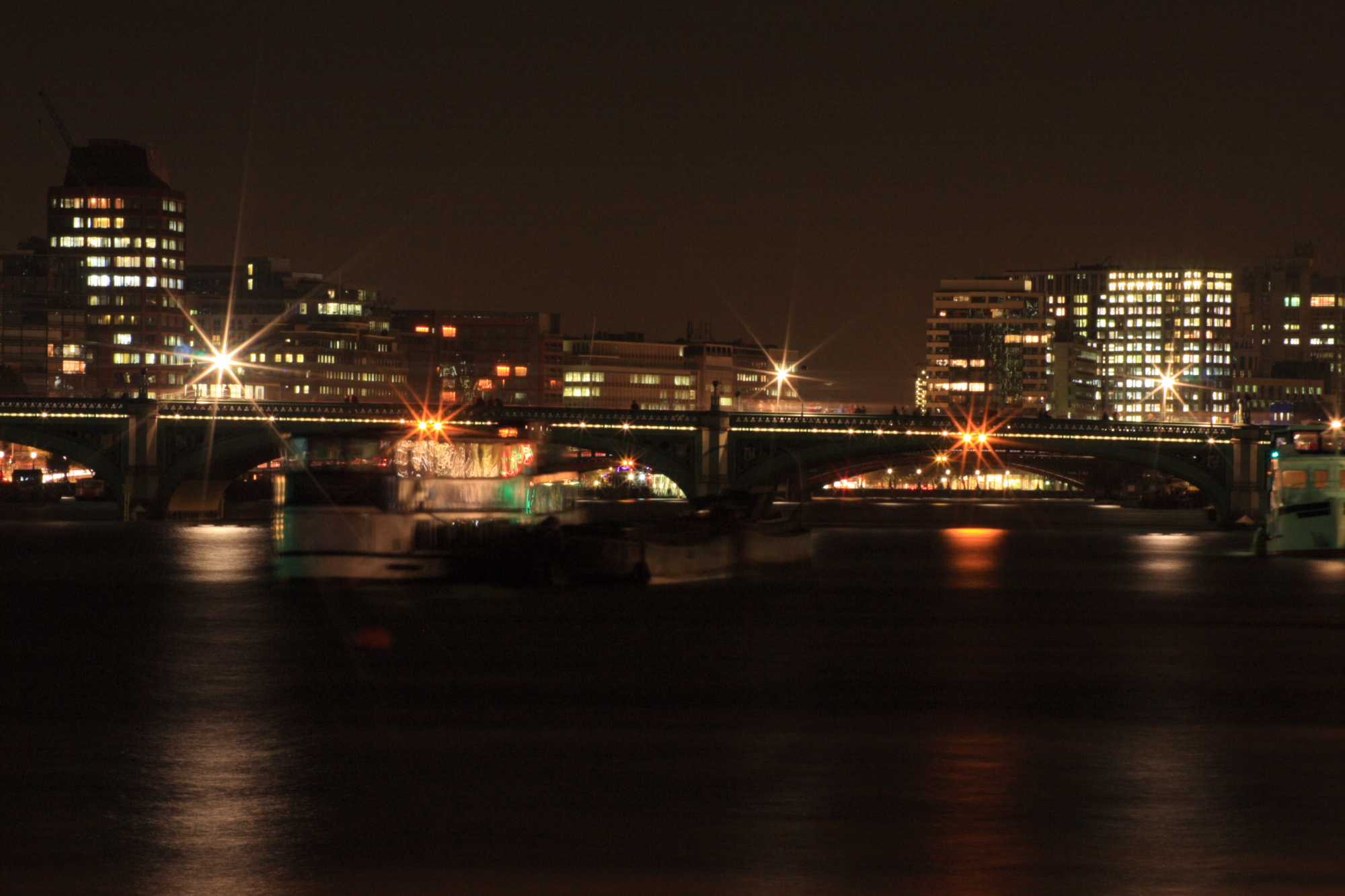 Westminster Bridge over the Thames at night.
