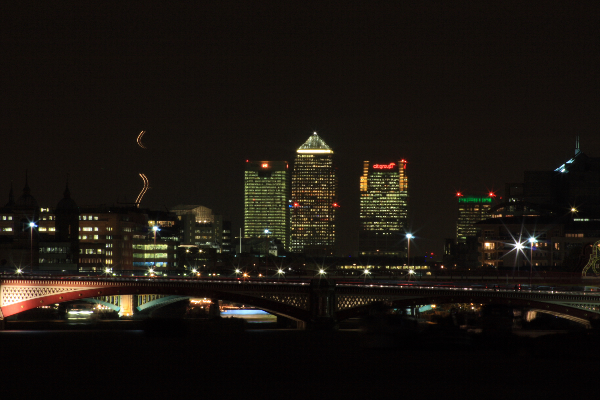 Canary Wharf as seem from Victoria Embankment at night