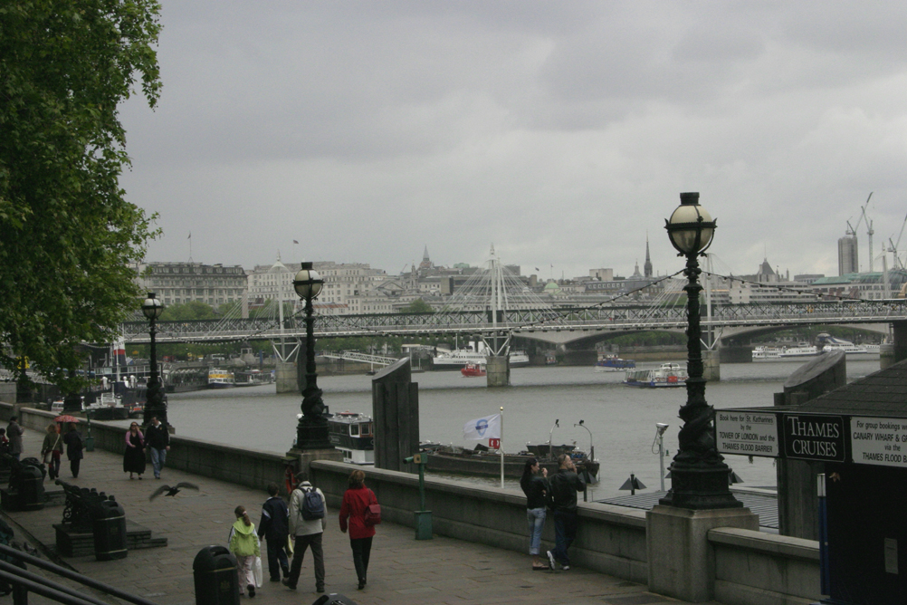 View along the Thames taken from the West side of Westminster Bridge looking north towards Hungerford Bridge.