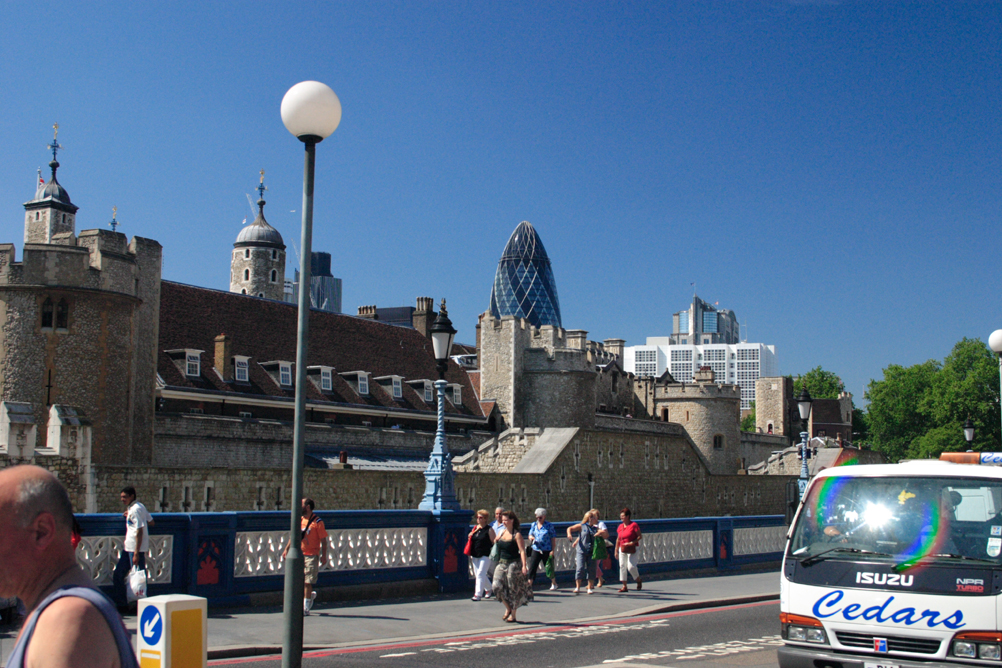 City of London and the Tower of London seen from the north end of Tower Bridge.