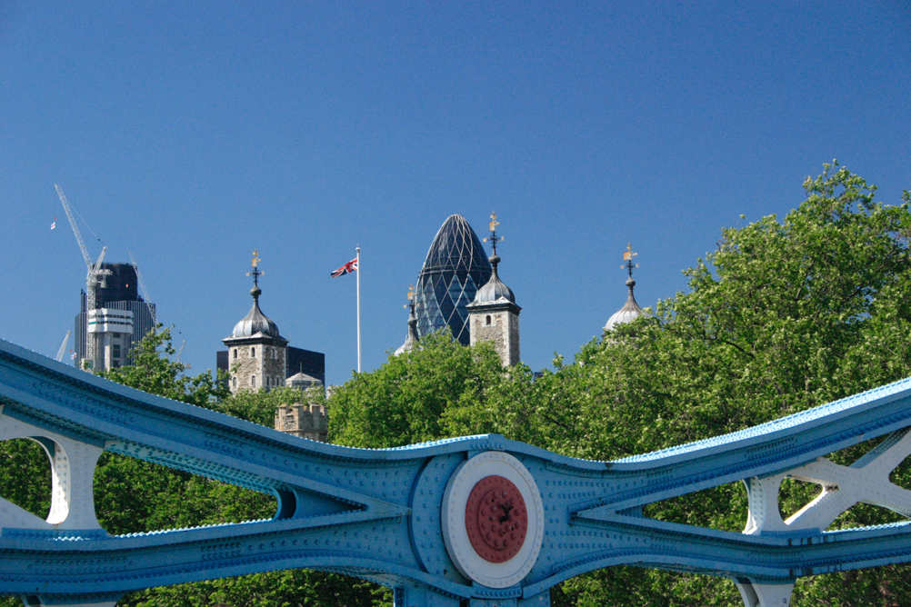Tower of London and the Swiss Re Tower as seen from Tower Bridge.